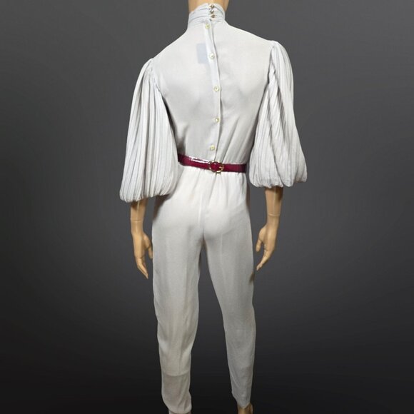 Vintage 80s Farouche Gray Chiffon belted Jumpsuit Size S Balloon Sleeves - Picture 12 of 16
